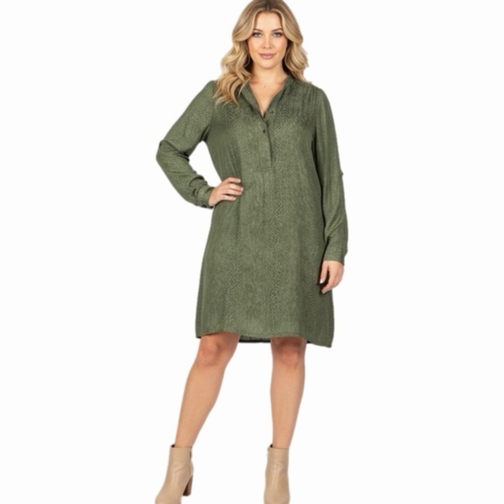 BANANA REPUBLIC dk. green embossed snake print silky shirt dress Pockets Size 10